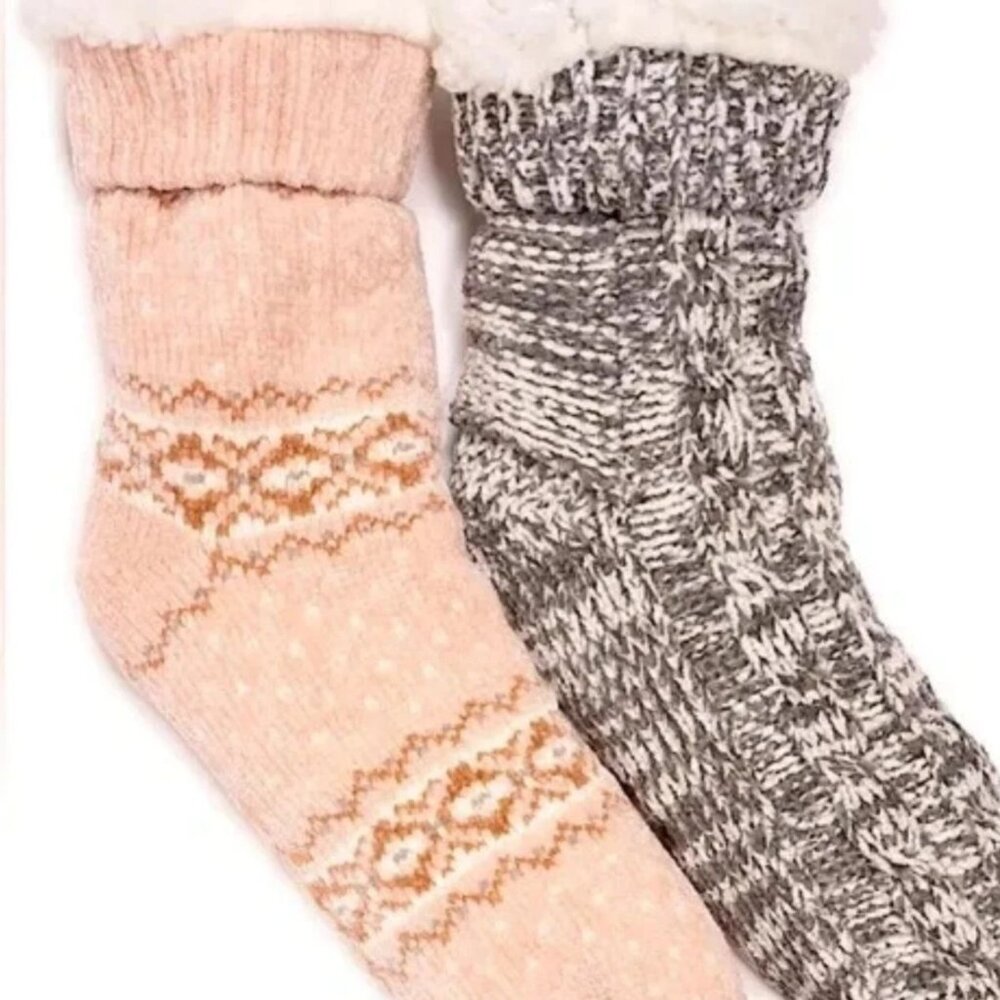 MUK LUKS Women's XL 2 Pack Lined Socks Faux Fur SIZE 8-10 Pink Gray NEW